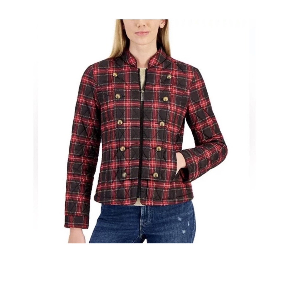 Tommy Hilfiger Women Quilted Mandarin-Collar Coat  Red Black Plaid jacket XL